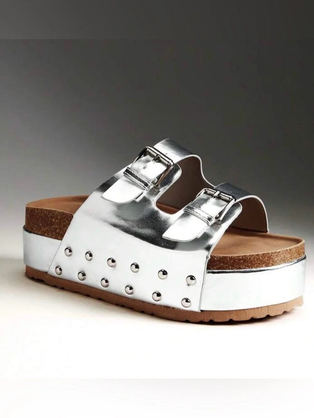 NEW Metallic Silver Double-Buckle Slide Sandal